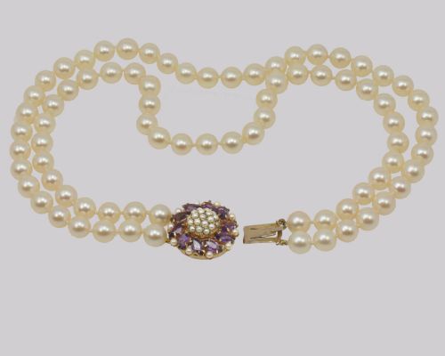 fig 3. Vintage Pearl Necklace with Amethyst Clasp Two Strand 1960's Pearl Choker