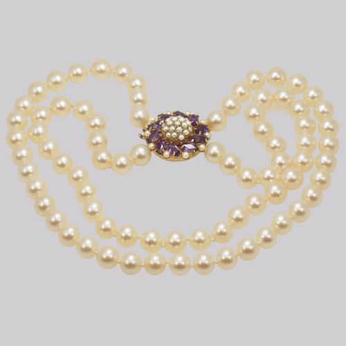 fig 4. Vintage Pearl Necklace with Amethyst Clasp Two Strand 1960's Pearl Choker