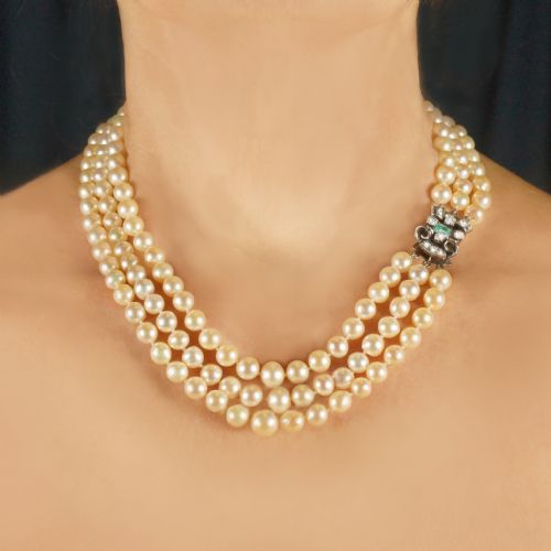 Vintage Pearl Necklace with 1.00ct Diamond Emerald Clasp 3 Strand 1940'S Pearl Choker