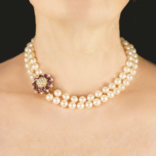 Vintage Pearl Necklace with Amethyst Clasp Two Strand 1960'S Pearl Choker