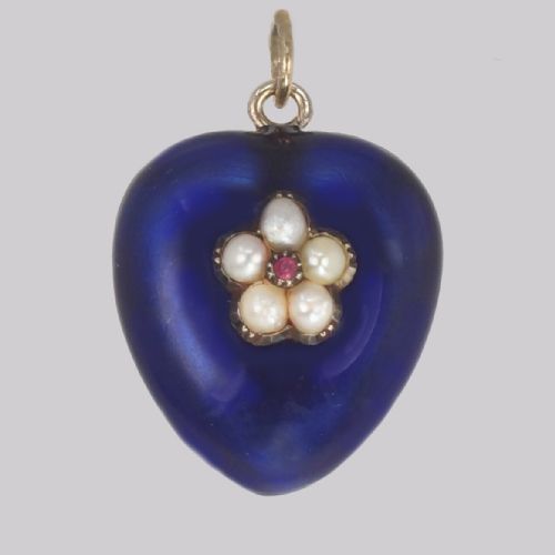 victorian ruby pearl heart pendant 18ct gold blue enamel puff heart circa 1890 - CATEGORY: ANTIQUE JEWELLERY - DATED VICTORIAN