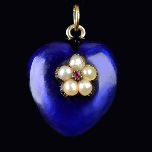 VICTORIAN RUBY PEARL HEART PENDANT 18CT GOLD BLUE ENAMEL PUFF HEART CIRCA 1890 - ADDITIONAL PHOTO 1