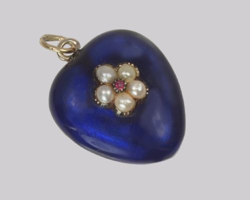 VICTORIAN RUBY PEARL HEART PENDANT 18CT GOLD BLUE ENAMEL PUFF HEART CIRCA 1890 - ADDITIONAL PHOTO 2