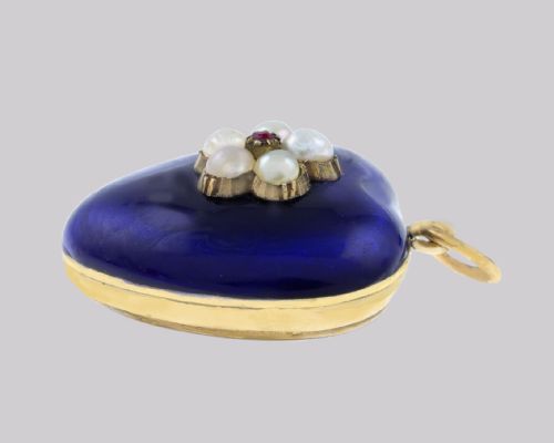 VICTORIAN RUBY PEARL HEART PENDANT 18CT GOLD BLUE ENAMEL PUFF HEART CIRCA 1890 - ADDITIONAL PHOTO 4