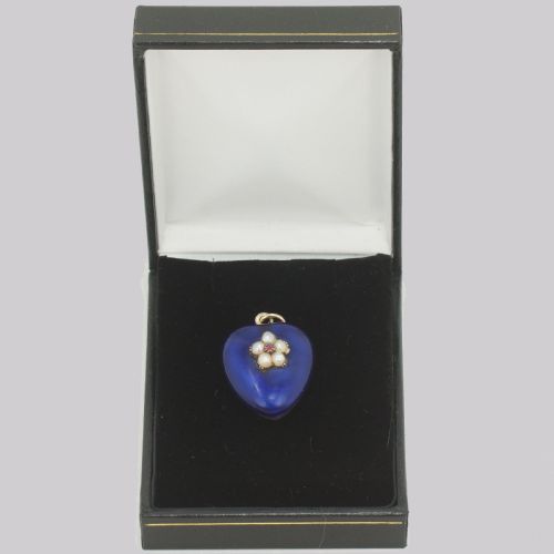 VICTORIAN RUBY PEARL HEART PENDANT 18CT GOLD BLUE ENAMEL PUFF HEART CIRCA 1890 - ADDITIONAL PHOTO 7