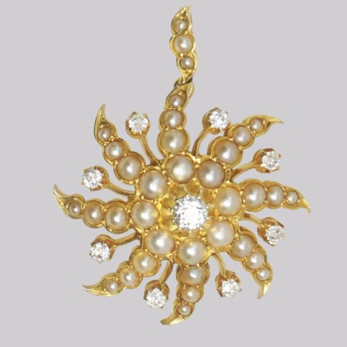 victorian diamond pearl starburst pendant antique 18ct gold swirling star 050ct - CATEGORY: ANTIQUE JEWELLERY - DATED VICTORIAN
