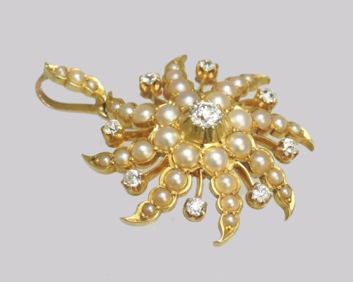 VICTORIAN DIAMOND PEARL STARBURST PENDANT ANTIQUE 18CT GOLD SWIRLING STAR 050CT - ADDITIONAL PHOTO 3