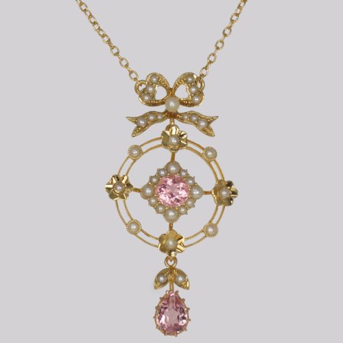 antique pink sapphire pearl necklace 15ct gold edwardian floral wreath pendant - CATEGORY: ANTIQUE JEWELLERY - DATED EDWARDIAN