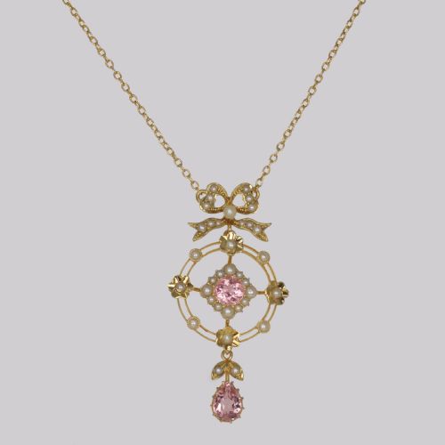 ANTIQUE PINK SAPPHIRE PEARL NECKLACE 15CT GOLD EDWARDIAN FLORAL WREATH PENDANT - ADDITIONAL PHOTO 2