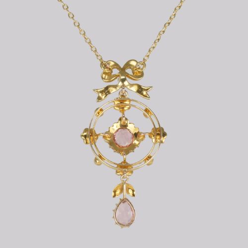ANTIQUE PINK SAPPHIRE PEARL NECKLACE 15CT GOLD EDWARDIAN FLORAL WREATH PENDANT - ADDITIONAL PHOTO 3