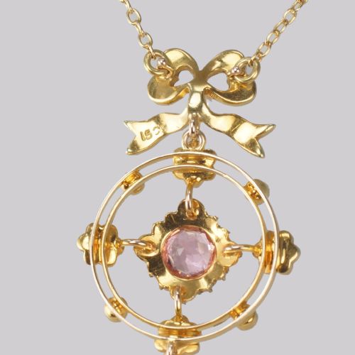 ANTIQUE PINK SAPPHIRE PEARL NECKLACE 15CT GOLD EDWARDIAN FLORAL WREATH PENDANT - ADDITIONAL PHOTO 4