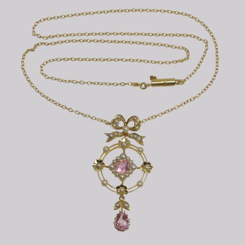 ANTIQUE PINK SAPPHIRE PEARL NECKLACE 15CT GOLD EDWARDIAN FLORAL WREATH PENDANT - ADDITIONAL PHOTO 6
