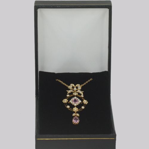 ANTIQUE PINK SAPPHIRE PEARL NECKLACE 15CT GOLD EDWARDIAN FLORAL WREATH PENDANT - ADDITIONAL PHOTO 7