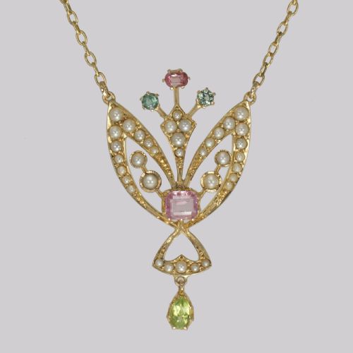 edwardian peridot pink sapphire pearl pendant 15ct gold art nouveau necklace - CATEGORY: ANTIQUE JEWELLERY - DATED EDWARDIAN