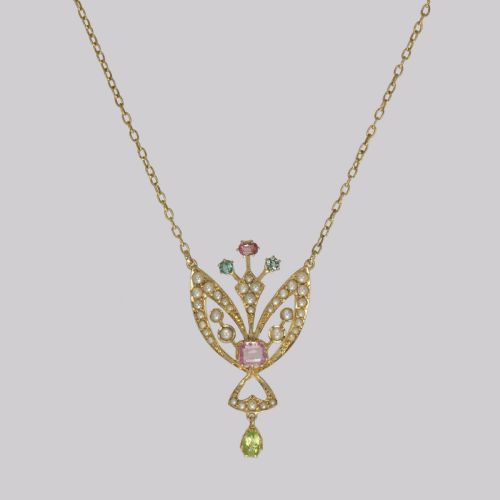 EDWARDIAN PERIDOT PINK SAPPHIRE PEARL PENDANT 15CT GOLD ART NOUVEAU NECKLACE - ADDITIONAL PHOTO 2