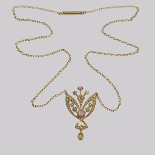EDWARDIAN PERIDOT PINK SAPPHIRE PEARL PENDANT 15CT GOLD ART NOUVEAU NECKLACE - ADDITIONAL PHOTO 4