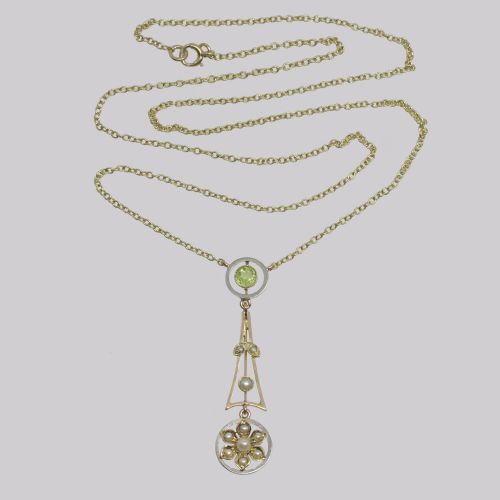 ANTIQUE PERIDOT SEED PEARL NECKLACE 15CT GOLD PLATINUM EDWARDIAN PENDANT - ADDITIONAL PHOTO 1
