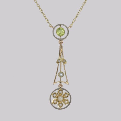 ANTIQUE PERIDOT SEED PEARL NECKLACE 15CT GOLD PLATINUM EDWARDIAN PENDANT - ADDITIONAL PHOTO 2
