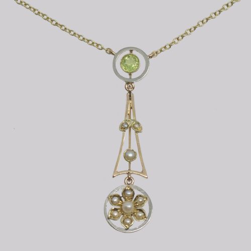 ANTIQUE PERIDOT SEED PEARL NECKLACE 15CT GOLD PLATINUM EDWARDIAN PENDANT - ADDITIONAL PHOTO 3