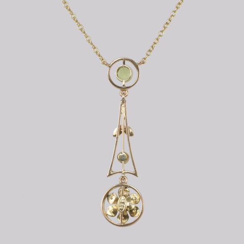 ANTIQUE PERIDOT SEED PEARL NECKLACE 15CT GOLD PLATINUM EDWARDIAN PENDANT - ADDITIONAL PHOTO 4