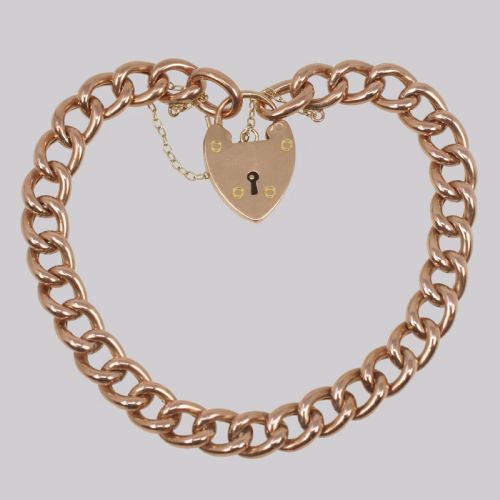 antique curb link bracelet heart padlock edwardian 9ct rose gold hallmarked 1903 - CATEGORY: ANTIQUE JEWELLERY - DATED 1910
