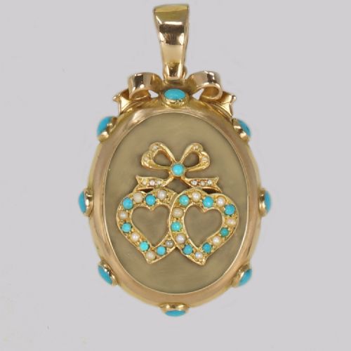 victorian locket turquoise pearl 18ct gold photo locket witches heart pendant circa 1880 - CATEGORY: ANTIQUE JEWELLERY - DATED VICTORIAN
