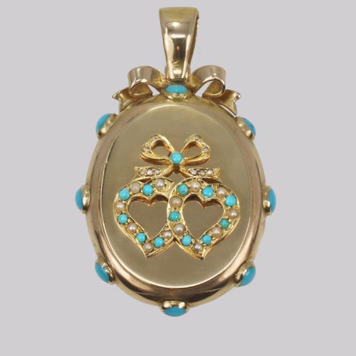 VICTORIAN LOCKET TURQUOISE PEARL 18CT GOLD PHOTO LOCKET WITCHES HEART PENDANT CIRCA 1880 - ADDITIONAL PHOTO 3