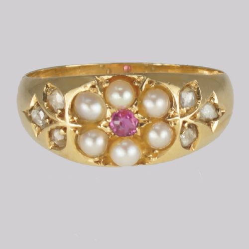 victorian pearl diamond ruby antique 18ct gold cluster ring hallmarked chester 1899 - CATEGORY: ANTIQUE JEWELLERY - DATED VICTORIAN