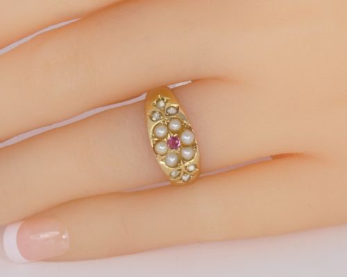 VICTORIAN PEARL DIAMOND RUBY ANTIQUE 18CT GOLD CLUSTER RING HALLMARKED CHESTER 1899 - ADDITIONAL PHOTO 1