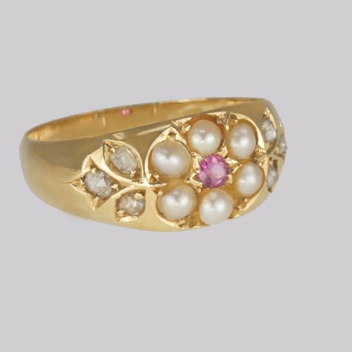 VICTORIAN PEARL DIAMOND RUBY ANTIQUE 18CT GOLD CLUSTER RING HALLMARKED CHESTER 1899 - ADDITIONAL PHOTO 2