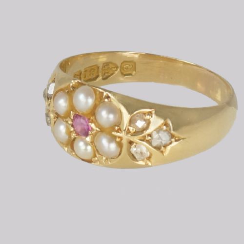 VICTORIAN PEARL DIAMOND RUBY ANTIQUE 18CT GOLD CLUSTER RING HALLMARKED CHESTER 1899 - ADDITIONAL PHOTO 3