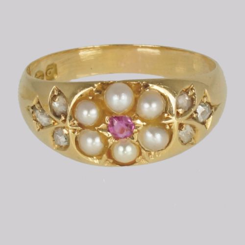 VICTORIAN PEARL DIAMOND RUBY ANTIQUE 18CT GOLD CLUSTER RING HALLMARKED CHESTER 1899 - ADDITIONAL PHOTO 4