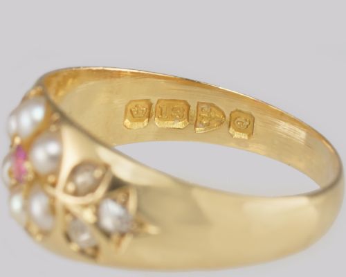 VICTORIAN PEARL DIAMOND RUBY ANTIQUE 18CT GOLD CLUSTER RING HALLMARKED CHESTER 1899 - ADDITIONAL PHOTO 8
