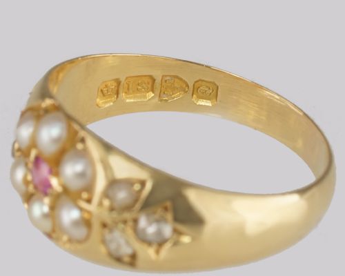 VICTORIAN PEARL DIAMOND RUBY ANTIQUE 18CT GOLD CLUSTER RING HALLMARKED CHESTER 1899 - ADDITIONAL PHOTO 9