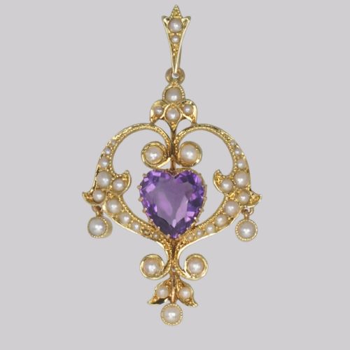 edwardian heart shaped amethyst pendant antique 15ct gold vintage amethyst pearl pendant - CATEGORY: ANTIQUE JEWELLERY - DATED EDWARDIAN
