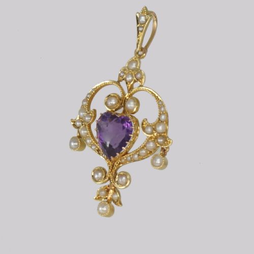 EDWARDIAN HEART SHAPED AMETHYST PENDANT ANTIQUE 15CT GOLD VINTAGE AMETHYST PEARL PENDANT - ADDITIONAL PHOTO 1