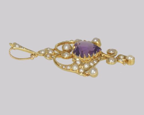 EDWARDIAN HEART SHAPED AMETHYST PENDANT ANTIQUE 15CT GOLD VINTAGE AMETHYST PEARL PENDANT - ADDITIONAL PHOTO 3