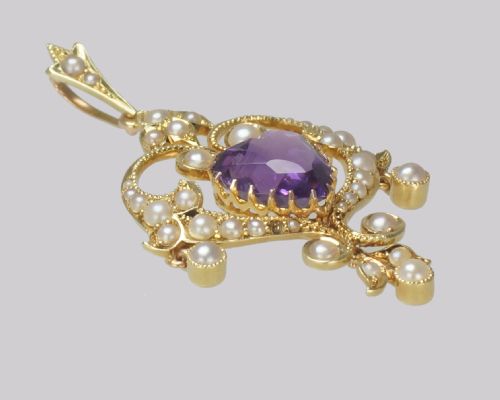 EDWARDIAN HEART SHAPED AMETHYST PENDANT ANTIQUE 15CT GOLD VINTAGE AMETHYST PEARL PENDANT - ADDITIONAL PHOTO 4