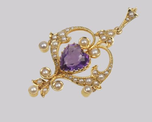 EDWARDIAN HEART SHAPED AMETHYST PENDANT ANTIQUE 15CT GOLD VINTAGE AMETHYST PEARL PENDANT - ADDITIONAL PHOTO 5