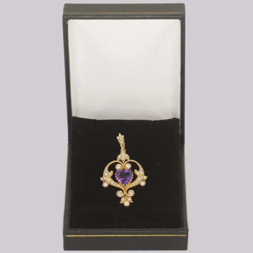 EDWARDIAN HEART SHAPED AMETHYST PENDANT ANTIQUE 15CT GOLD VINTAGE AMETHYST PEARL PENDANT - ADDITIONAL PHOTO 6