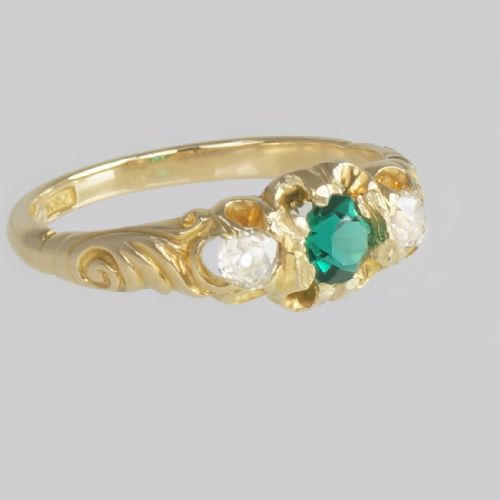 ANTIQUE OLD CUT DIAMOND EMERALD COLOURED TRILOGY RING 18CT GOLD VICTORIAN RING - ADDITIONAL PHOTO 3