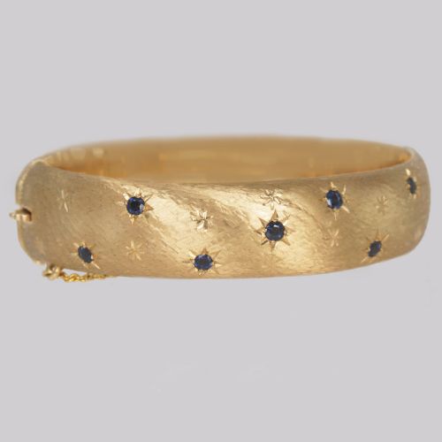 CROPP FARR SAPPHIRE BANGLE HALLMARKED 9CT GOLD 1967 WIDE HEAVY 27GM VINTAGE BANGLE - ADDITIONAL PHOTO 4