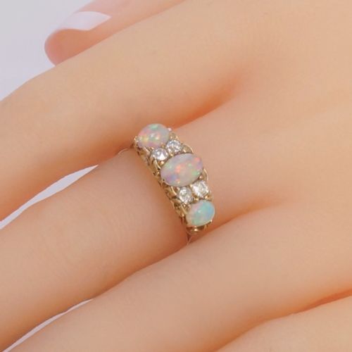 VICTORIAN 18CT GOLD OPAL OLD CUT DIAMOND RING ANTIQUE ORNATE TRILOGY RING - ADDITIONAL PHOTO 1