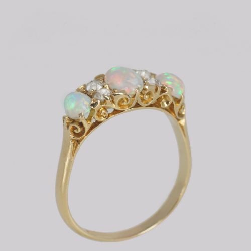 VICTORIAN 18CT GOLD OPAL OLD CUT DIAMOND RING ANTIQUE ORNATE TRILOGY RING - ADDITIONAL PHOTO 2