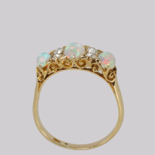VICTORIAN 18CT GOLD OPAL OLD CUT DIAMOND RING ANTIQUE ORNATE TRILOGY RING - ADDITIONAL PHOTO 3