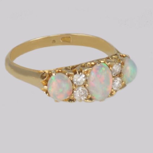 VICTORIAN 18CT GOLD OPAL OLD CUT DIAMOND RING ANTIQUE ORNATE TRILOGY RING - ADDITIONAL PHOTO 5