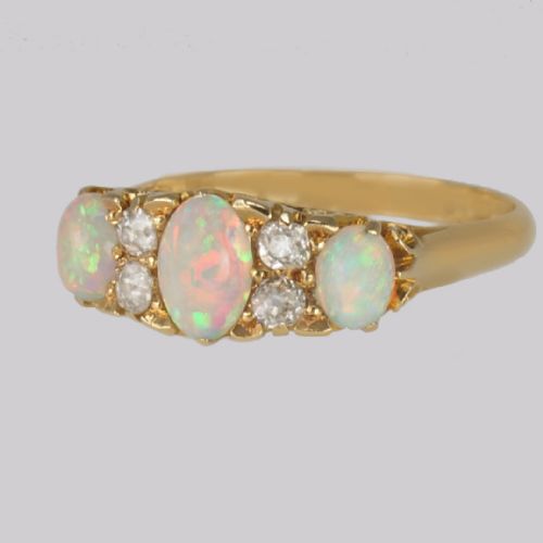 VICTORIAN 18CT GOLD OPAL OLD CUT DIAMOND RING ANTIQUE ORNATE TRILOGY RING - ADDITIONAL PHOTO 6