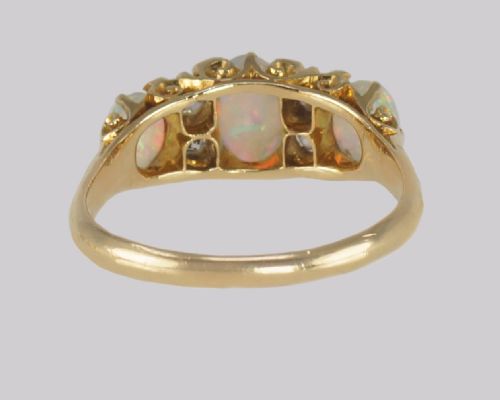 VICTORIAN 18CT GOLD OPAL OLD CUT DIAMOND RING ANTIQUE ORNATE TRILOGY RING - ADDITIONAL PHOTO 8