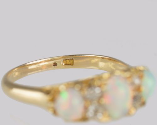 VICTORIAN 18CT GOLD OPAL OLD CUT DIAMOND RING ANTIQUE ORNATE TRILOGY RING - ADDITIONAL PHOTO 11