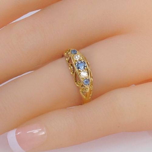 ANTIQUE SAPPHIRE OLD CUT DIAMOND RING 18CT GOLD BOAT RING BIRMINGHAM 1911 - ADDITIONAL PHOTO 1